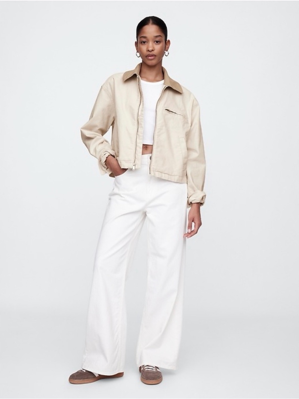 Gap Cropped Canvas Chore Jacket White Beige Contrast Collar NWT Size M